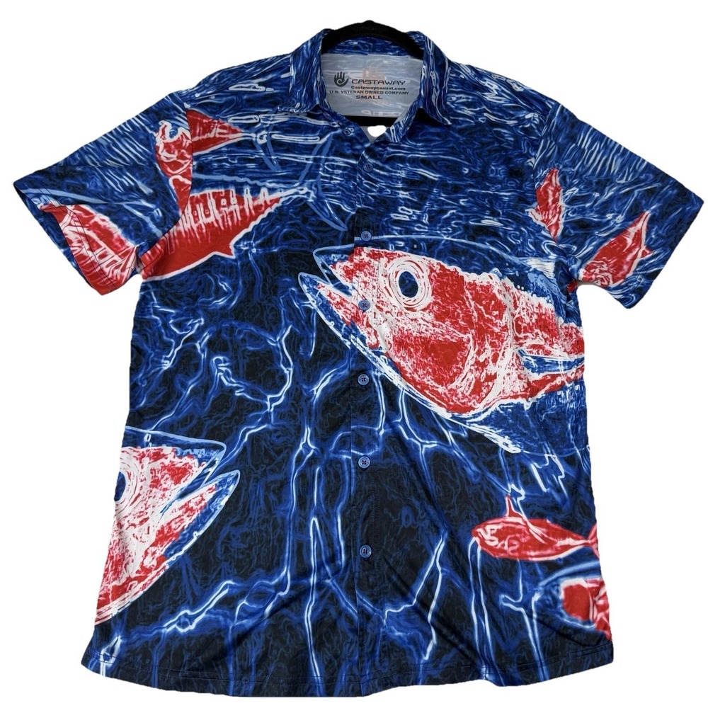 Castaway Casual Polo Shirt Mens S Red Fish Blue Background Performance Stretch
